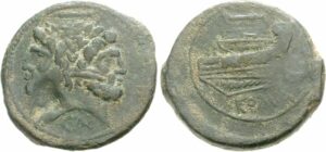 Roman bronze coin depicting Janus, the two-faced god