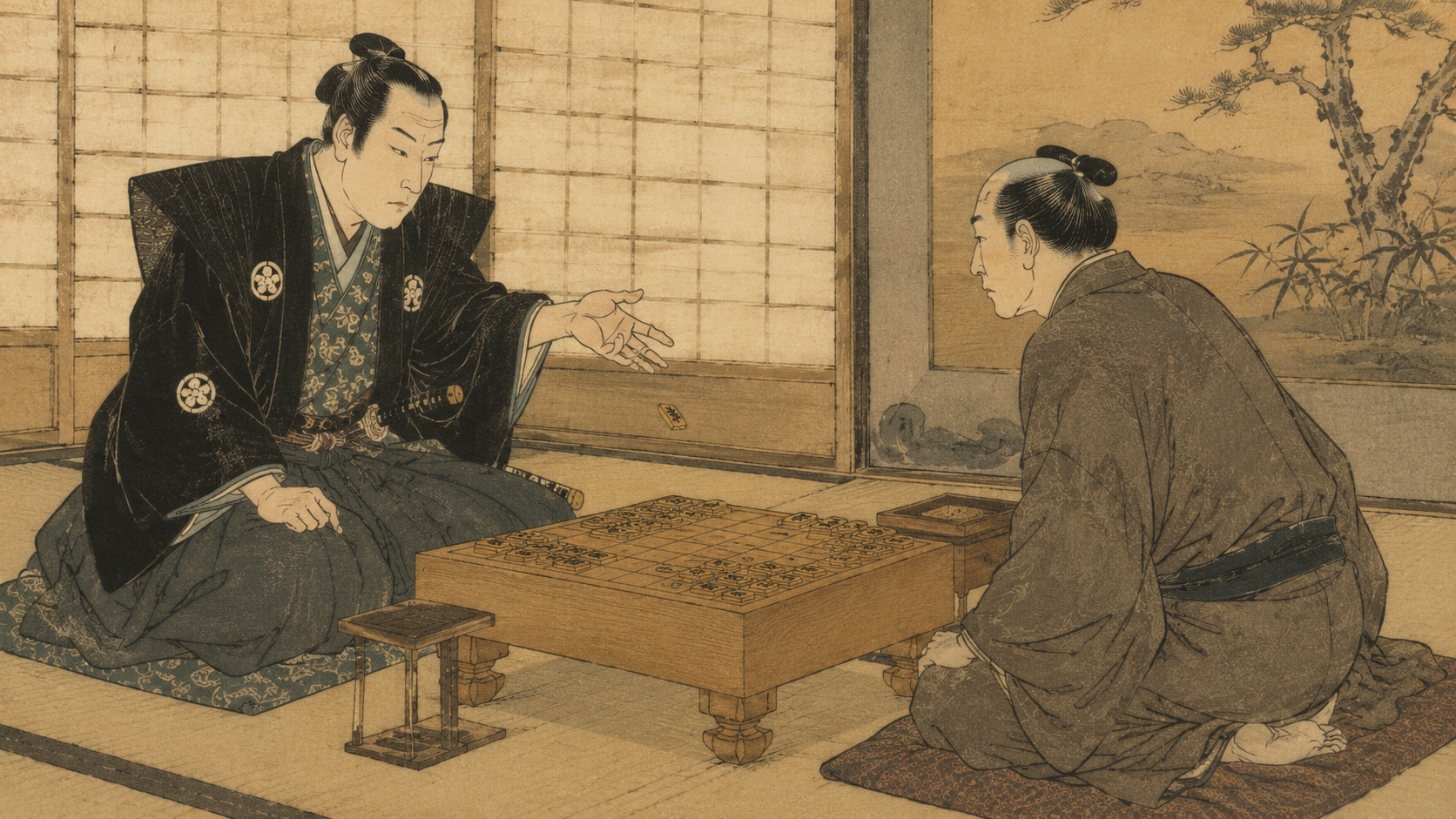 Edo-period illustration of two formally dressed shogi players seated across a low wooden board, evoking the legendary Itō Sōkan vs. Higaki Zean match around 1650