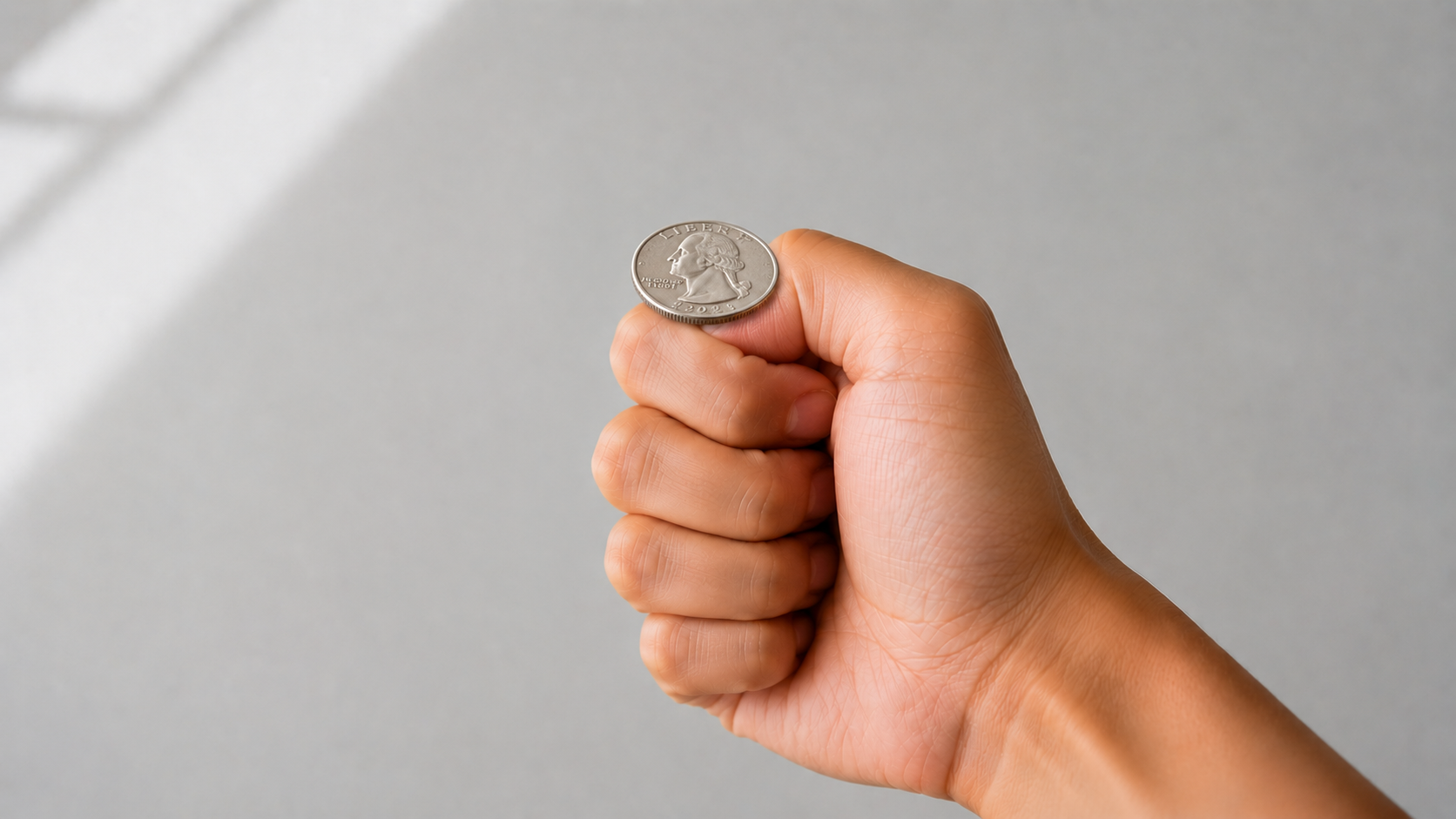 A silver coin balanced on the exposed part of the thumbnail, ready to be flicked